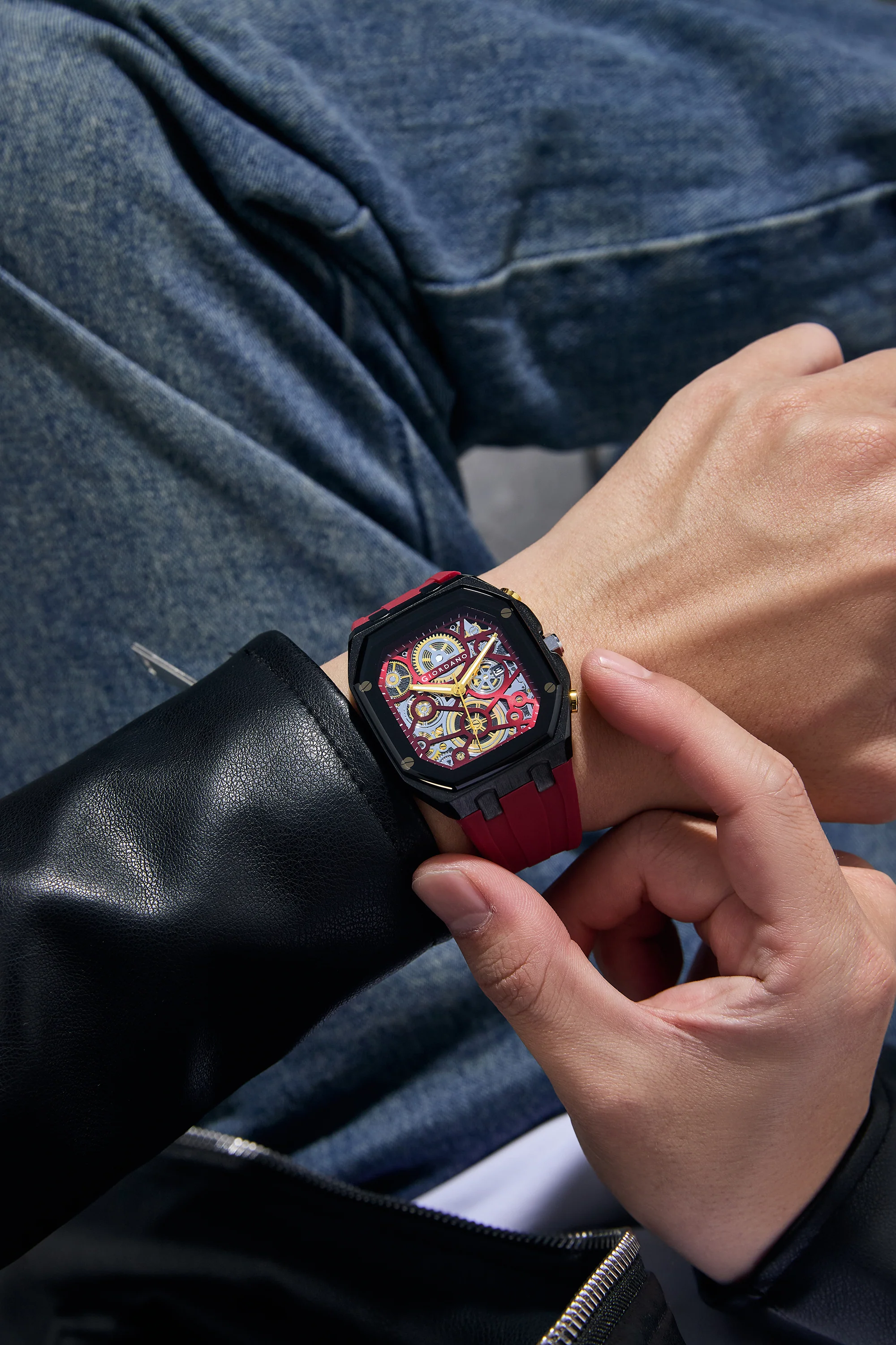 Giordano Skeleton Dial Analog Watch for Men – Black Tone Case, Red Silicone Strap, Date Display & Transparent Mechanical Design GZ-50221-05 - Image 2