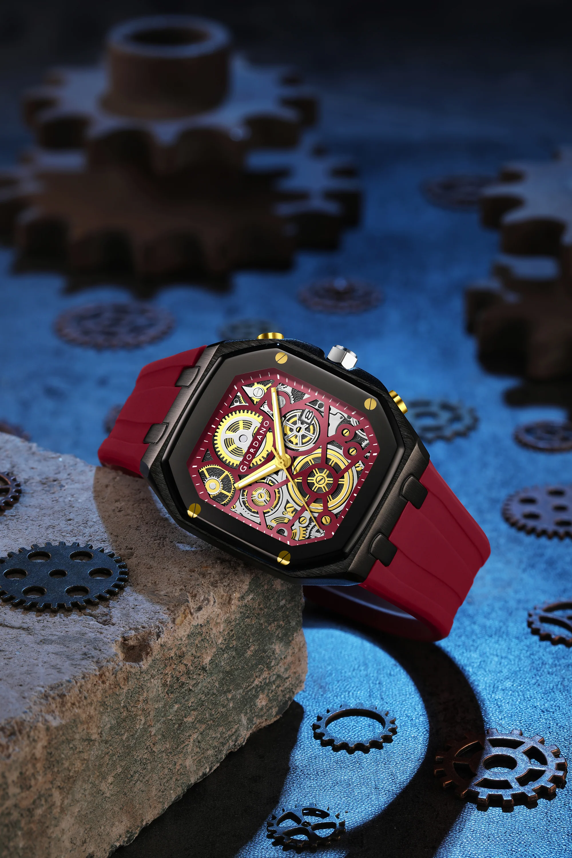 Giordano Skeleton Dial Analog Watch for Men – Black Tone Case, Red Silicone Strap, Date Display & Transparent Mechanical Design GZ-50221-05 - Image 3