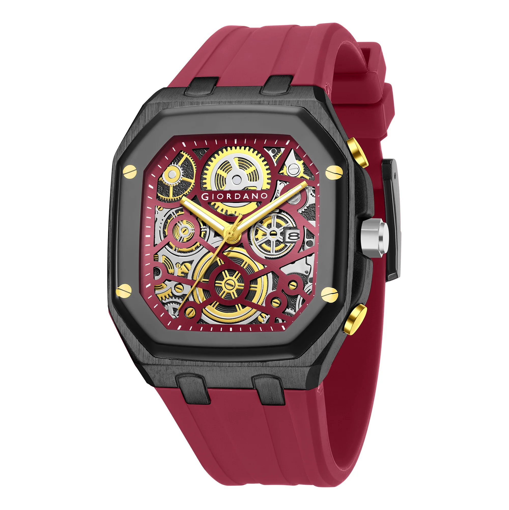 Giordano Skeleton Dial Analog Watch for Men – Black Tone Case, Red Silicone Strap, Date Display & Transparent Mechanical Design GZ-50221-05 - Image 5