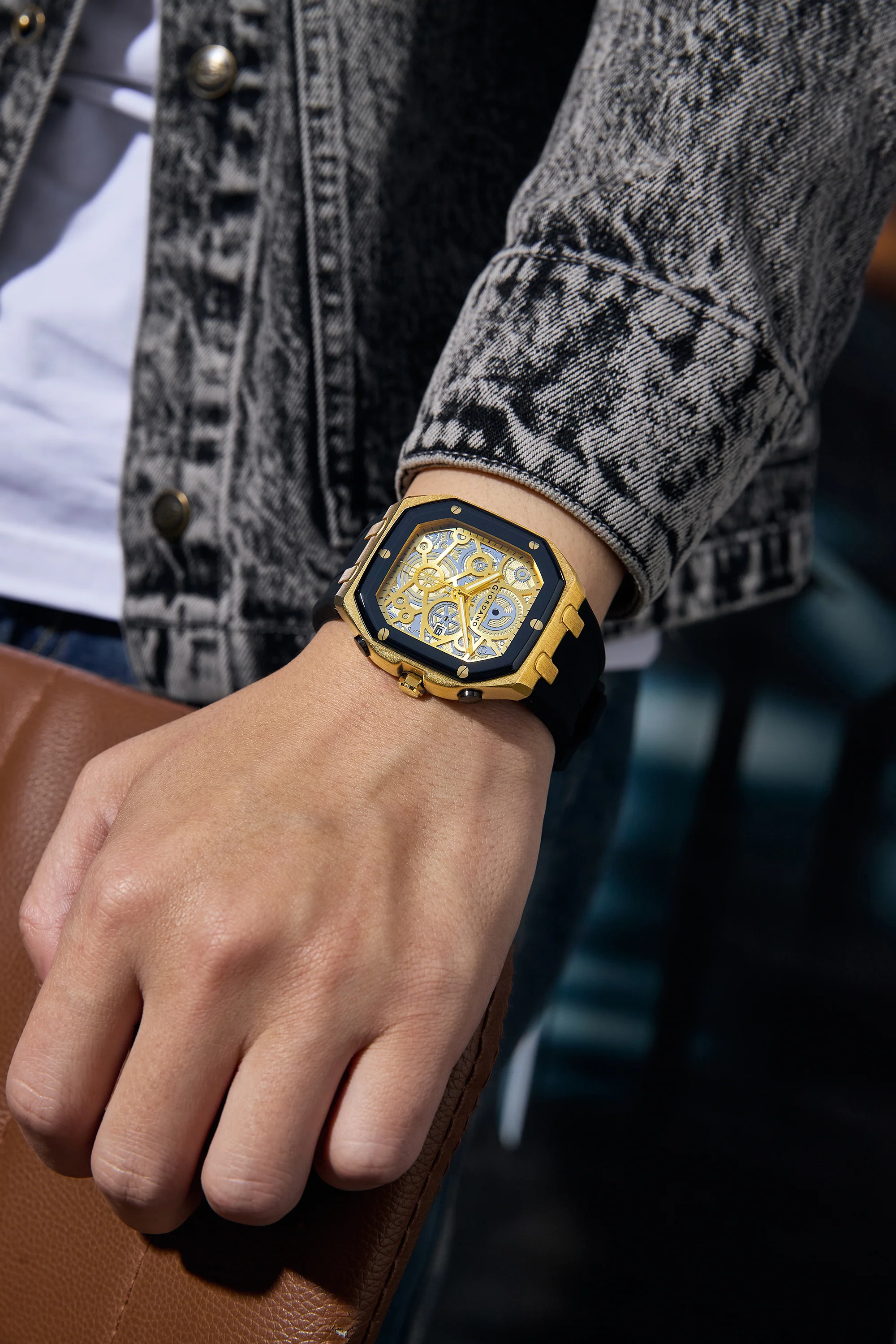 Giordano Skeleton Dial Analog Watch for Men – Gold Tone Case, Black Silicone Strap, Date Display & Transparent Mechanical Design GZ-50221-02 - Image 2