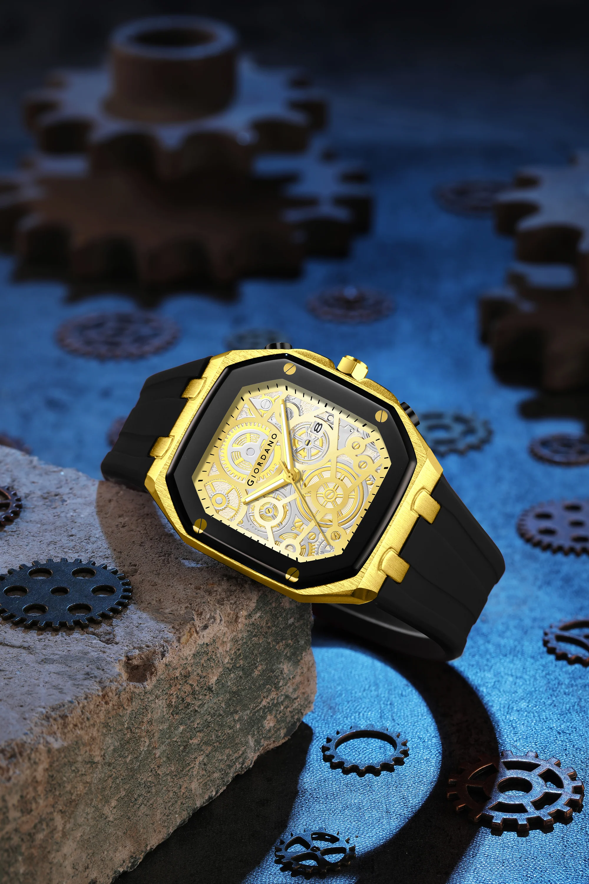 Giordano Skeleton Dial Analog Watch for Men – Gold Tone Case, Black Silicone Strap, Date Display & Transparent Mechanical Design GZ-50221-02 - Image 3