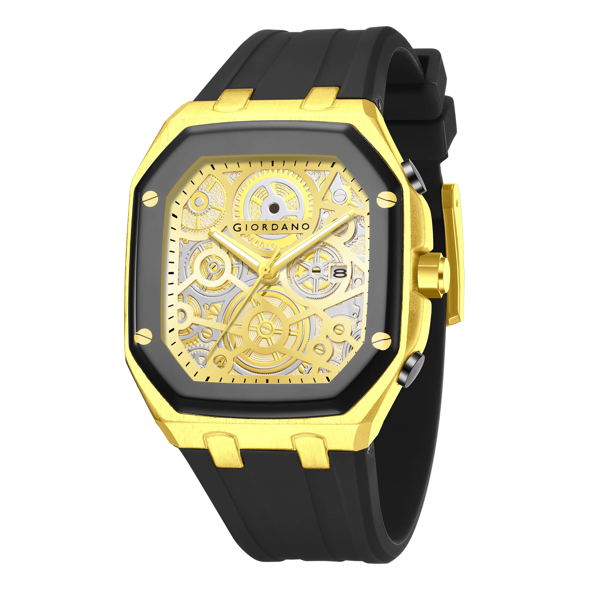 Giordano Skeleton Dial Analog Watch for Men – Gold Tone Case, Black Silicone Strap, Date Display & Transparent Mechanical Design GZ-50221-02 - Image 5