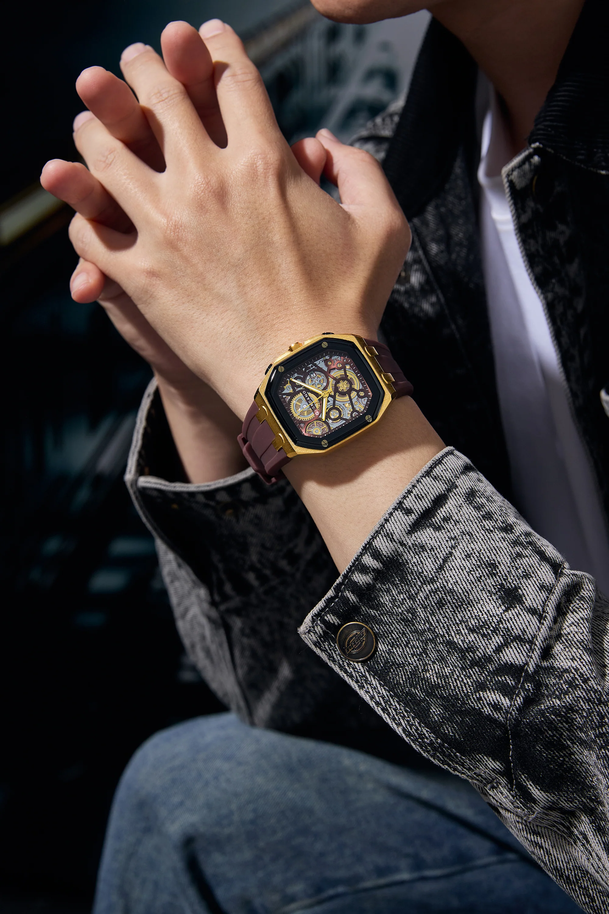 Giordano Skeleton Dial Analog Watch for Men – Gold Tone Case, Brown Silicone Strap, Date Display & Transparent Mechanical Design GZ-50221-03 - Image 2