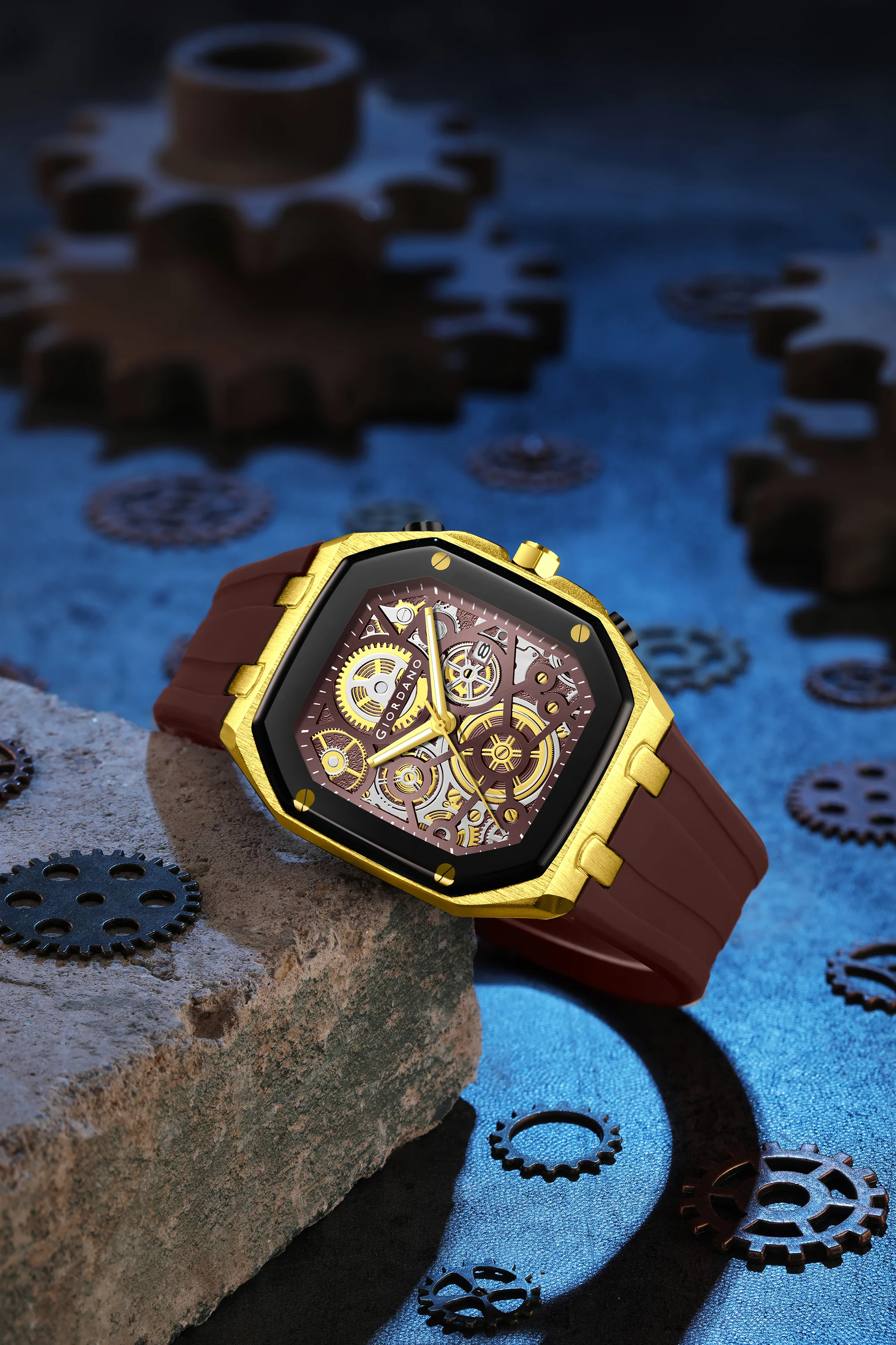 Giordano Skeleton Dial Analog Watch for Men – Gold Tone Case, Brown Silicone Strap, Date Display & Transparent Mechanical Design GZ-50221-03 - Image 3