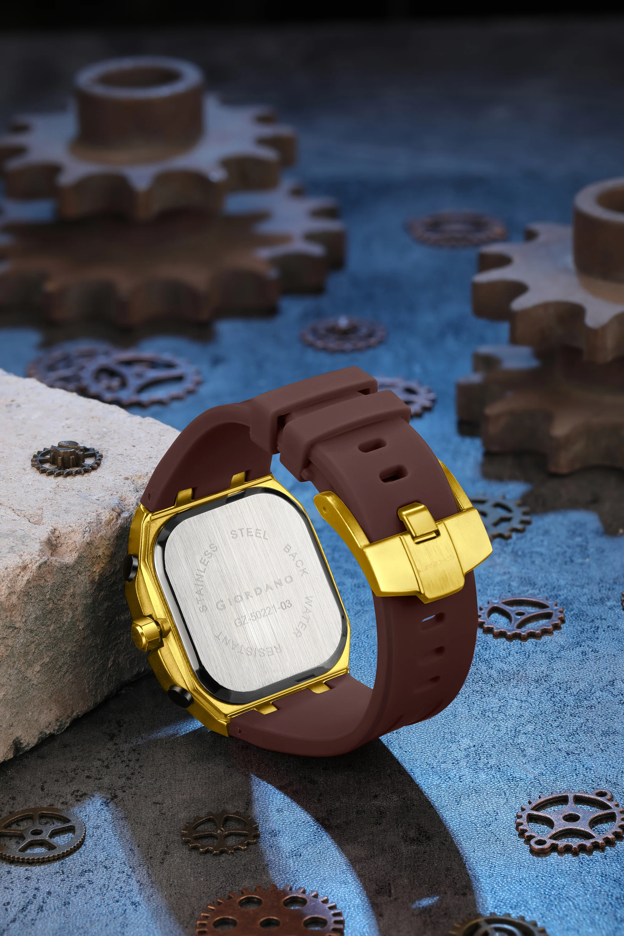 Giordano Skeleton Dial Analog Watch for Men – Gold Tone Case, Brown Silicone Strap, Date Display & Transparent Mechanical Design GZ-50221-03 - Image 4