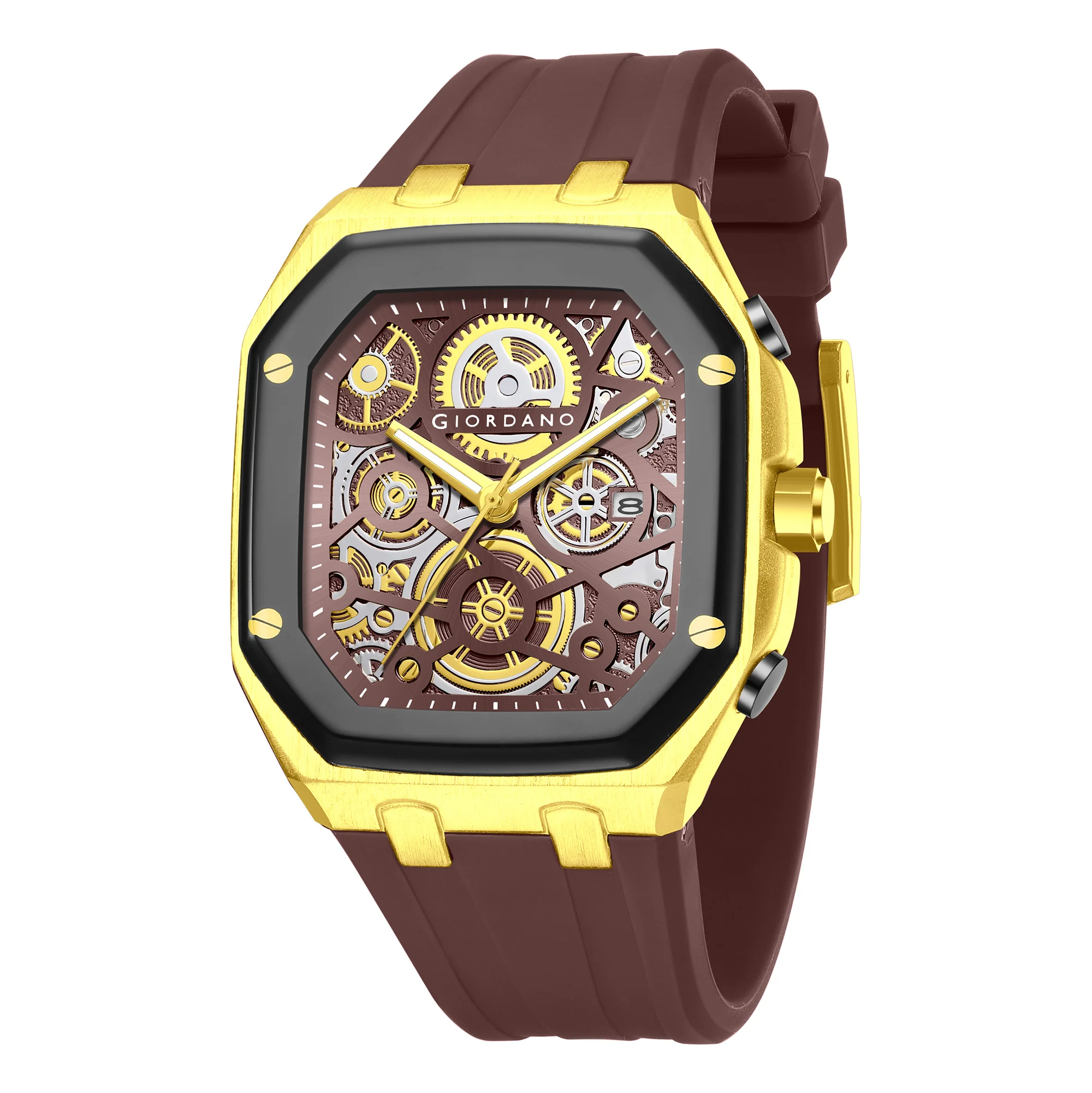 Giordano Skeleton Dial Analog Watch for Men – Gold Tone Case, Brown Silicone Strap, Date Display & Transparent Mechanical Design GZ-50221-03 - Image 5