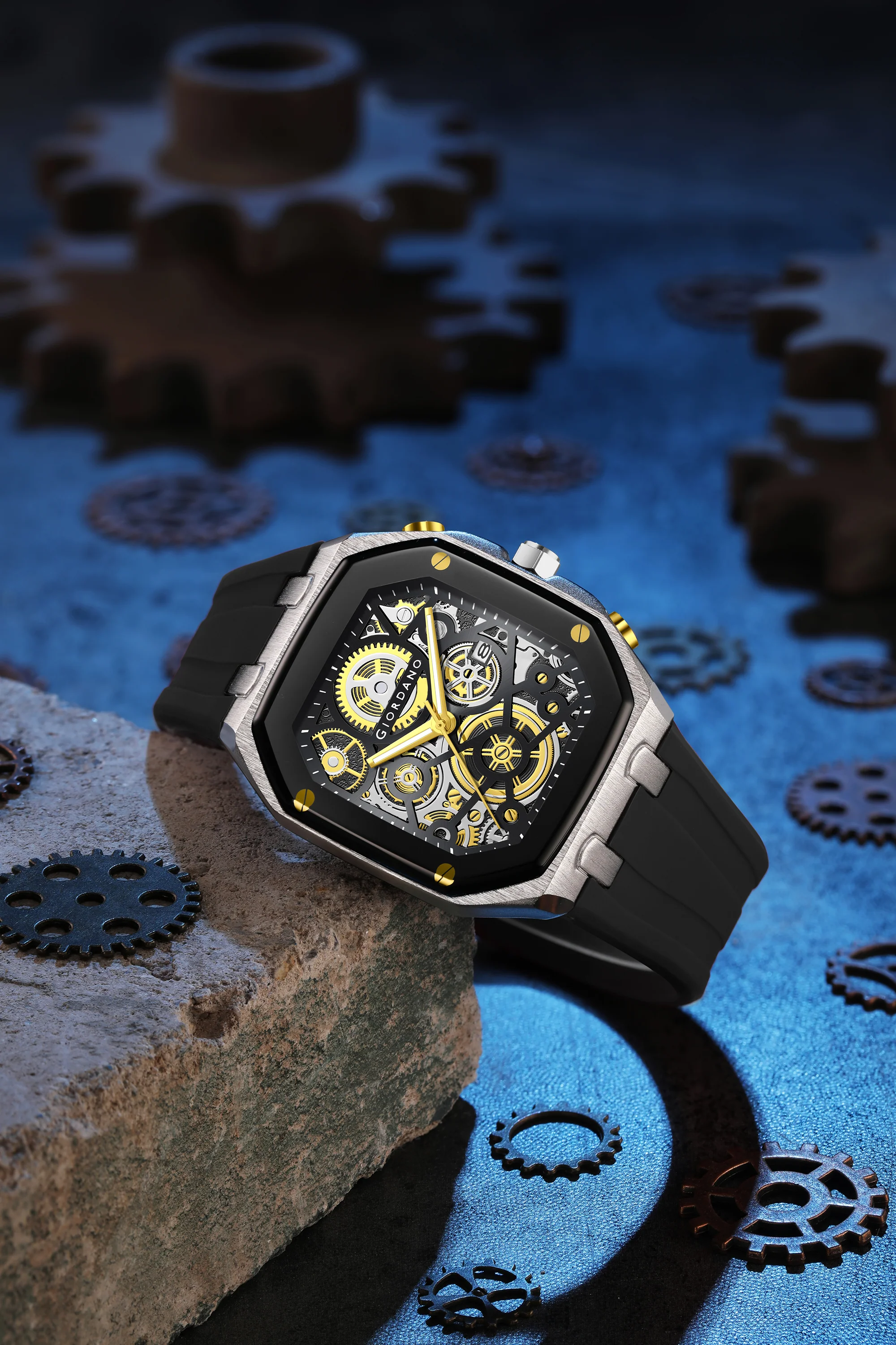 Giordano Skeleton Dial Analog Watch for Men – Silver Tone Case, Black Silicone Strap, Date Display & Transparent Mechanical Design GZ-50221-01 - Image 3