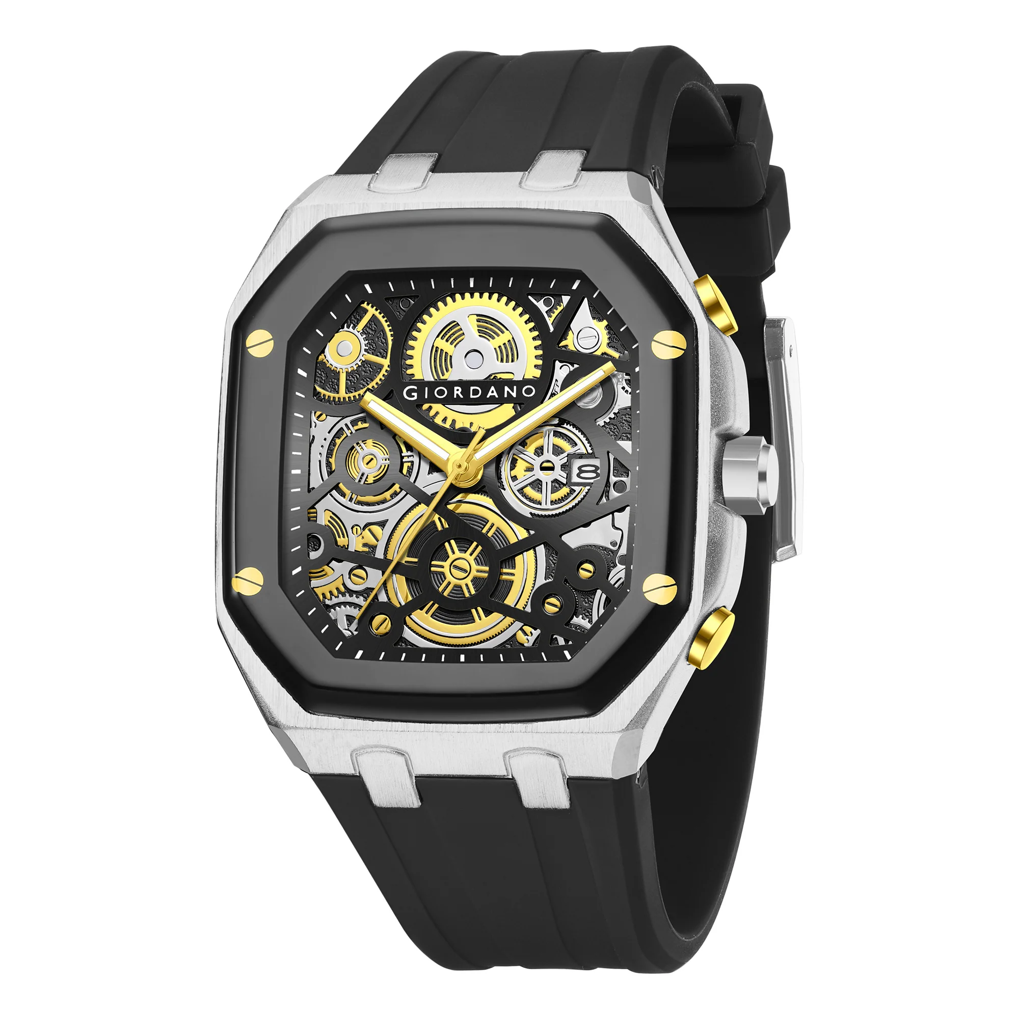 Giordano Skeleton Dial Analog Watch for Men – Silver Tone Case, Black Silicone Strap, Date Display & Transparent Mechanical Design GZ-50221-01 - Image 5