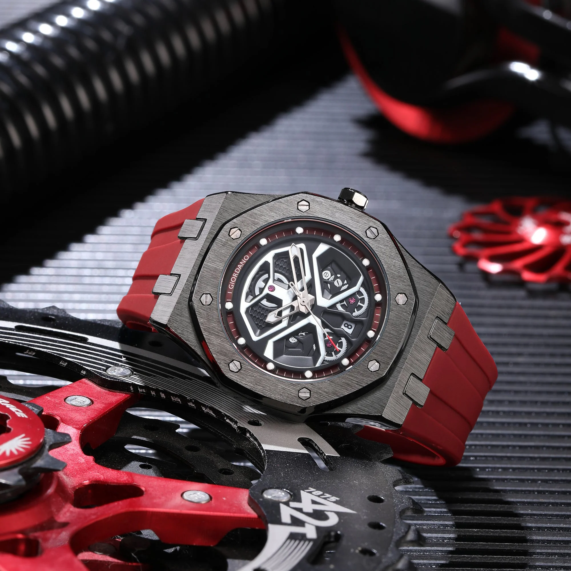 Giordano Skeleton style Dial Analog Watch for Men– Luxury Sport Watch with Silicone Strap & Brushed Metal Case – Bold & Modern Design | GZ-50146-04 - Image 3