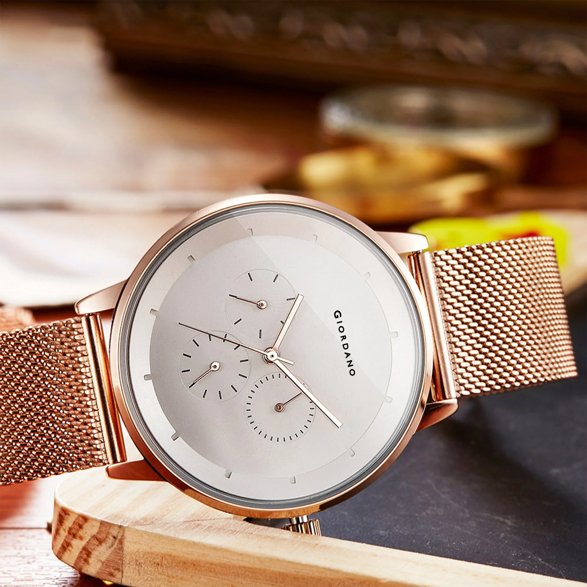 Giordano Skyscrapper Collection Multi-Function Rose Gold Watch for Man with White Dial and Rose Gold Metal Mesh Strap Wrist Watches for Men, with Classy Mesh Band | GZ-50005-22 - Image 2