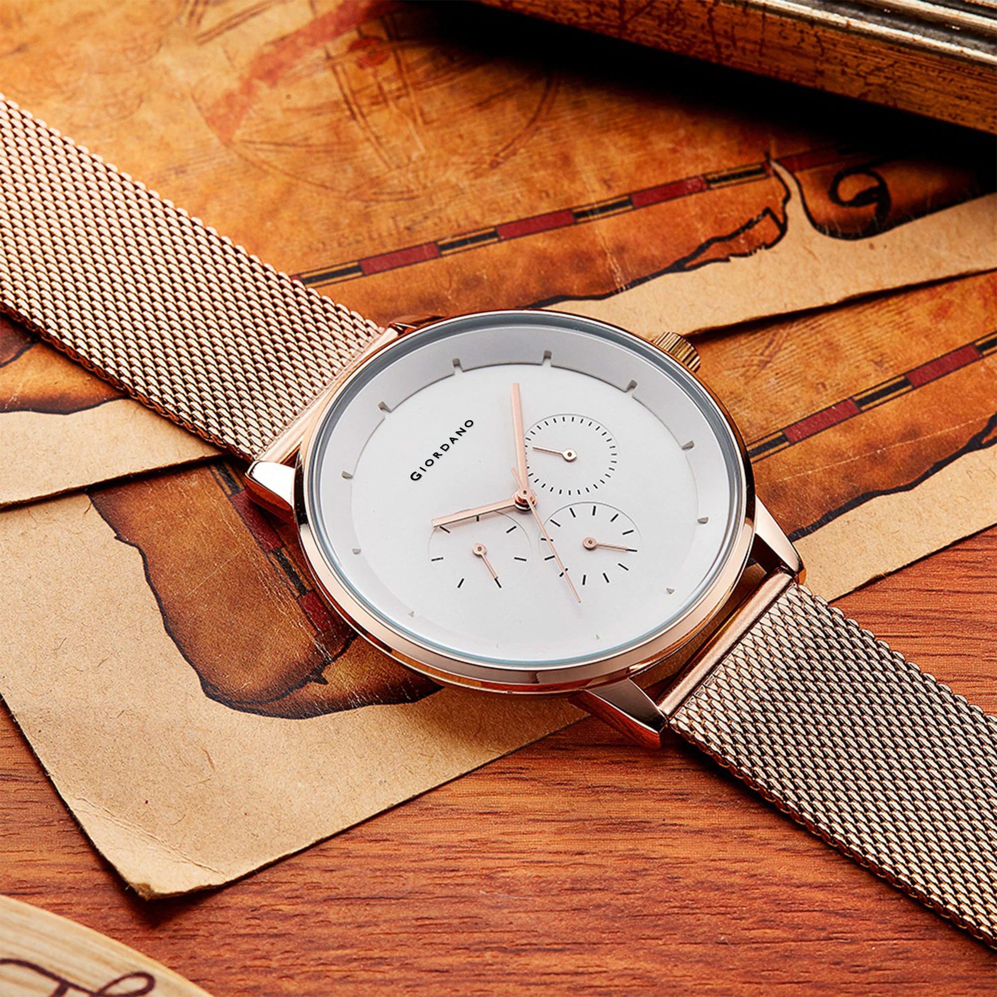 Giordano Skyscrapper Collection Multi-Function Rose Gold Watch for Man with White Dial and Rose Gold Metal Mesh Strap Wrist Watches for Men, with Classy Mesh Band | GZ-50005-22 - Image 4