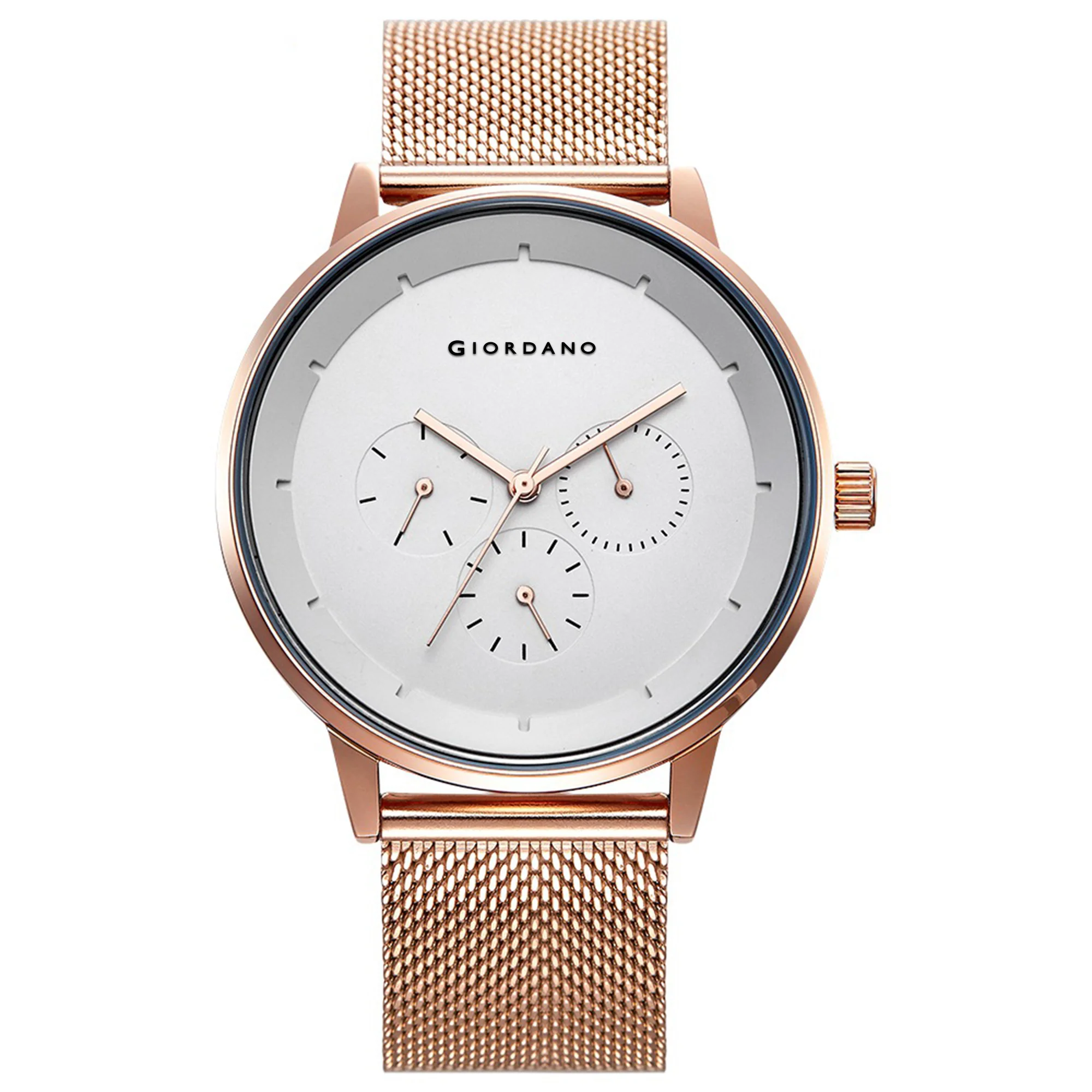 Giordano Skyscrapper Collection Multi-Function Rose Gold Watch for Man with White Dial and Rose Gold Metal Mesh Strap Wrist Watches for Men, with Classy Mesh Band | GZ-50005-22 - Image 6