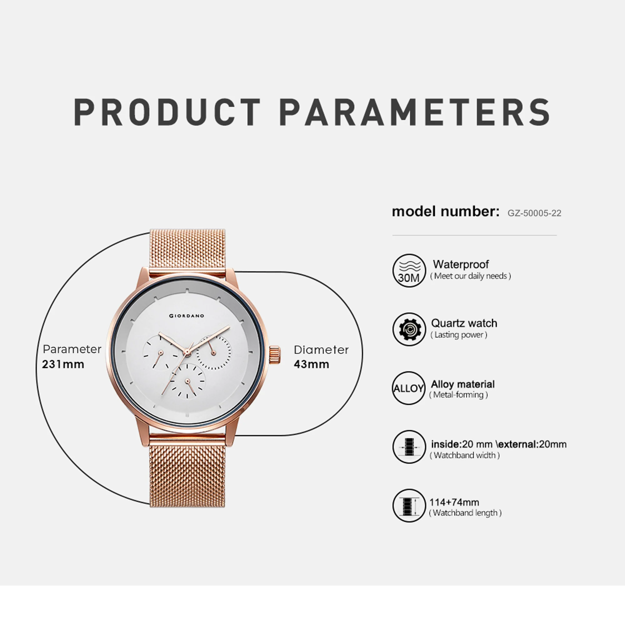 Giordano Skyscrapper Collection Multi-Function Rose Gold Watch for Man with White Dial and Rose Gold Metal Mesh Strap Wrist Watches for Men, with Classy Mesh Band | GZ-50005-22 - Image 8