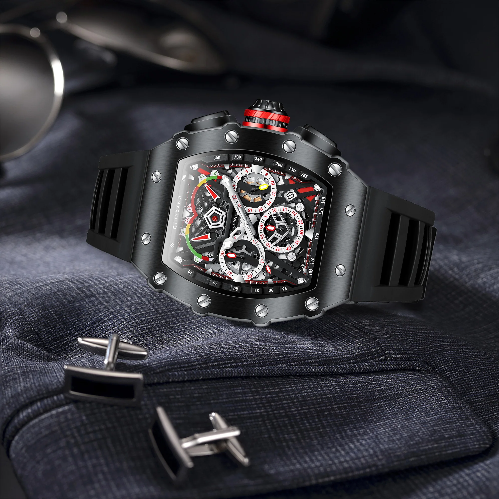 Giordano SPYDER Multifunction Watch - with Day, Date, and 24-Hour Sub-Dials | Water Resistant Square dial Unique Design Wrist Watch for Man | Best Gift for Males - GZ-50120-01 - Image 4