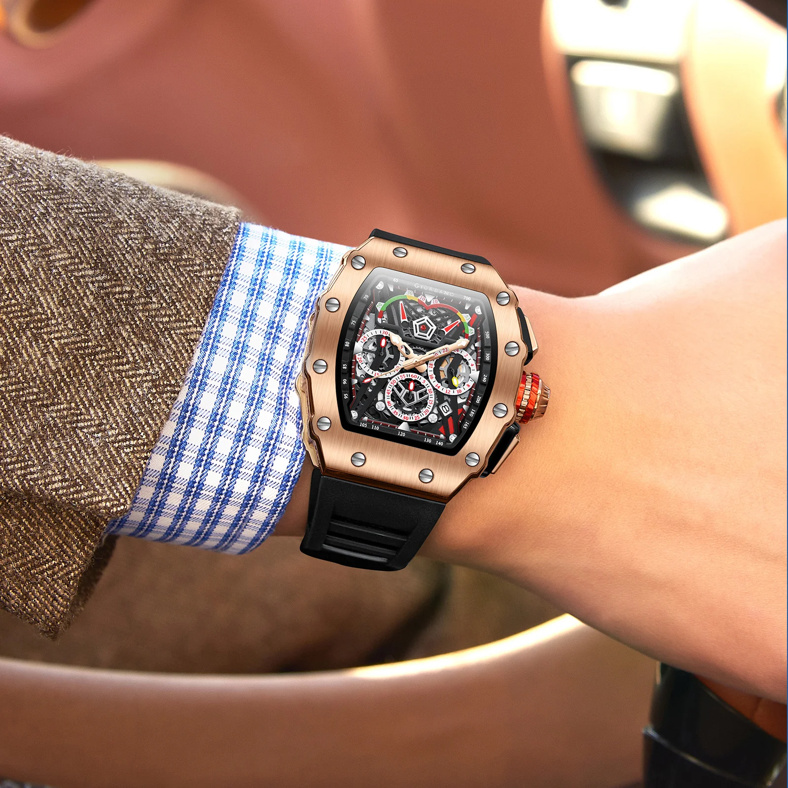 Giordano SPYDER Multifunction Watch - with Day, Date, and 24-Hour Sub-Dials | Water Resistant Square dial Unique Design Wrist Watch for Man | Best Gift for Males - GZ-50120-02 - Image 2