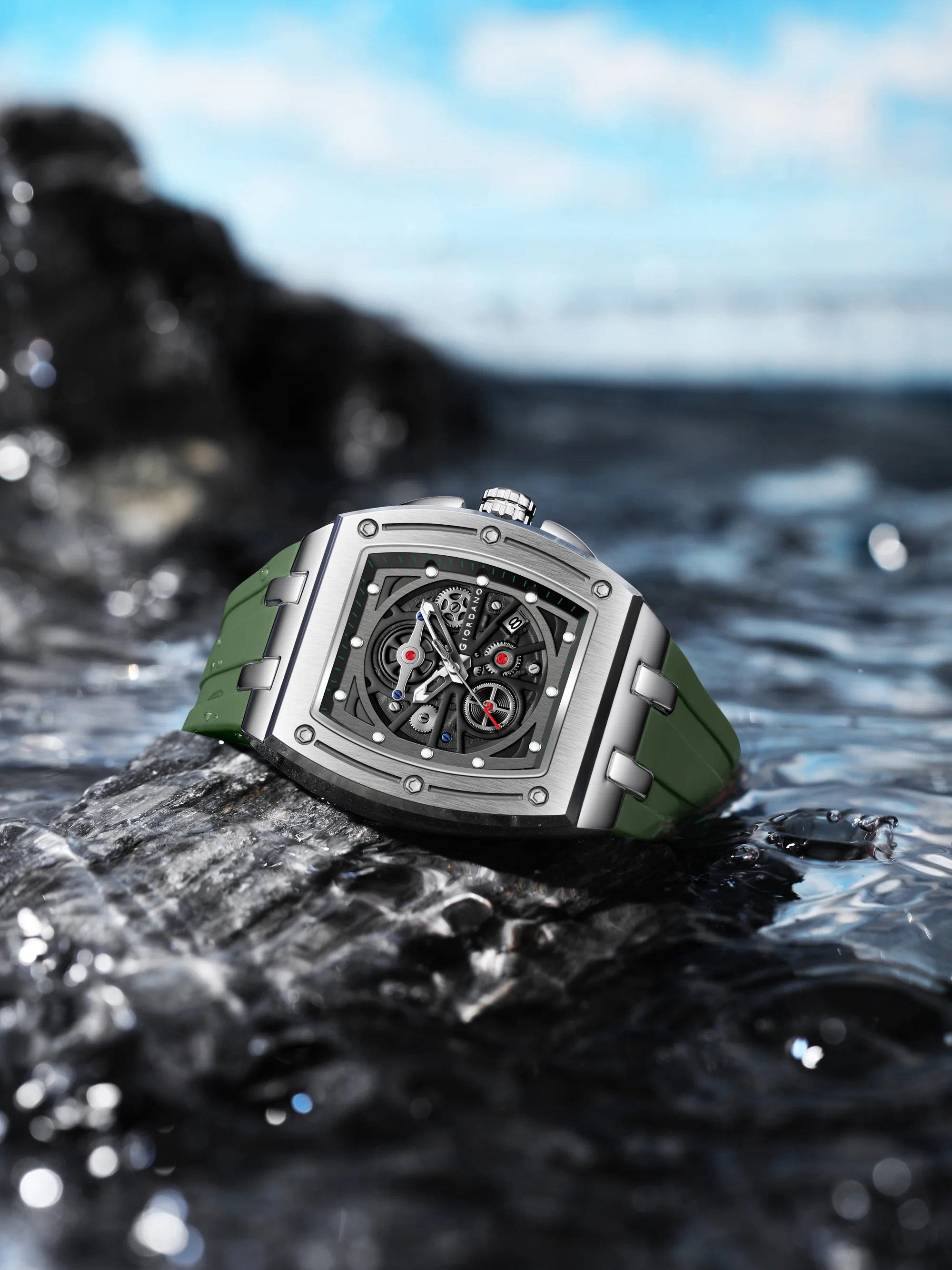 Giordano Sqaure Analog Casual Sporty Watch for Men – Mechanical-Inspired Dial, Date Display, Quartz Movement and Comfortable Silicone Strap | GZ-50151-03 - Image 5