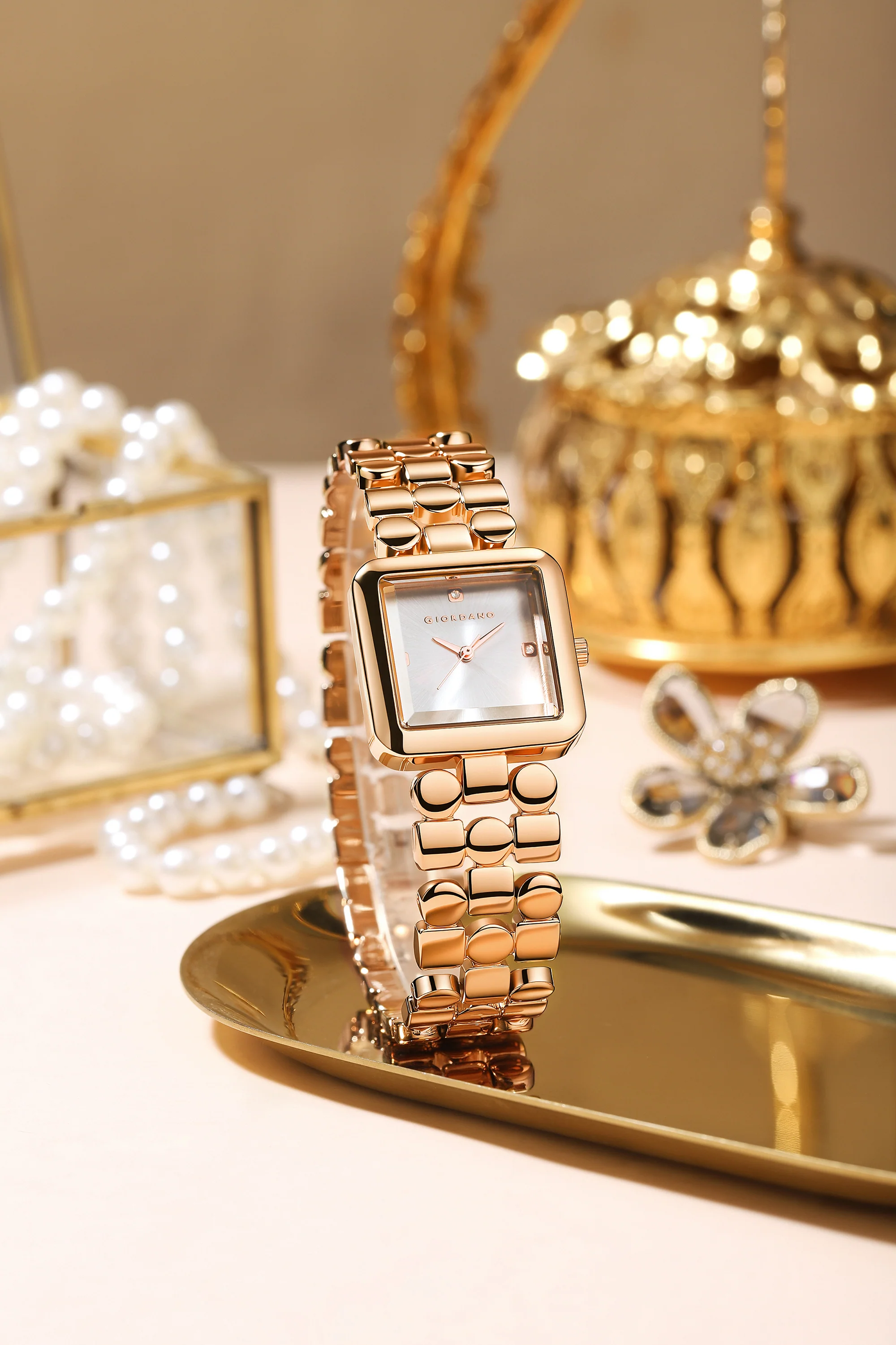Giordano Square Analog Watch for Women with Gloss Glass Dial, Crystal Markers, Quartz Movement & Stainless Steel Strap - GZ-60134-11 - Image 3