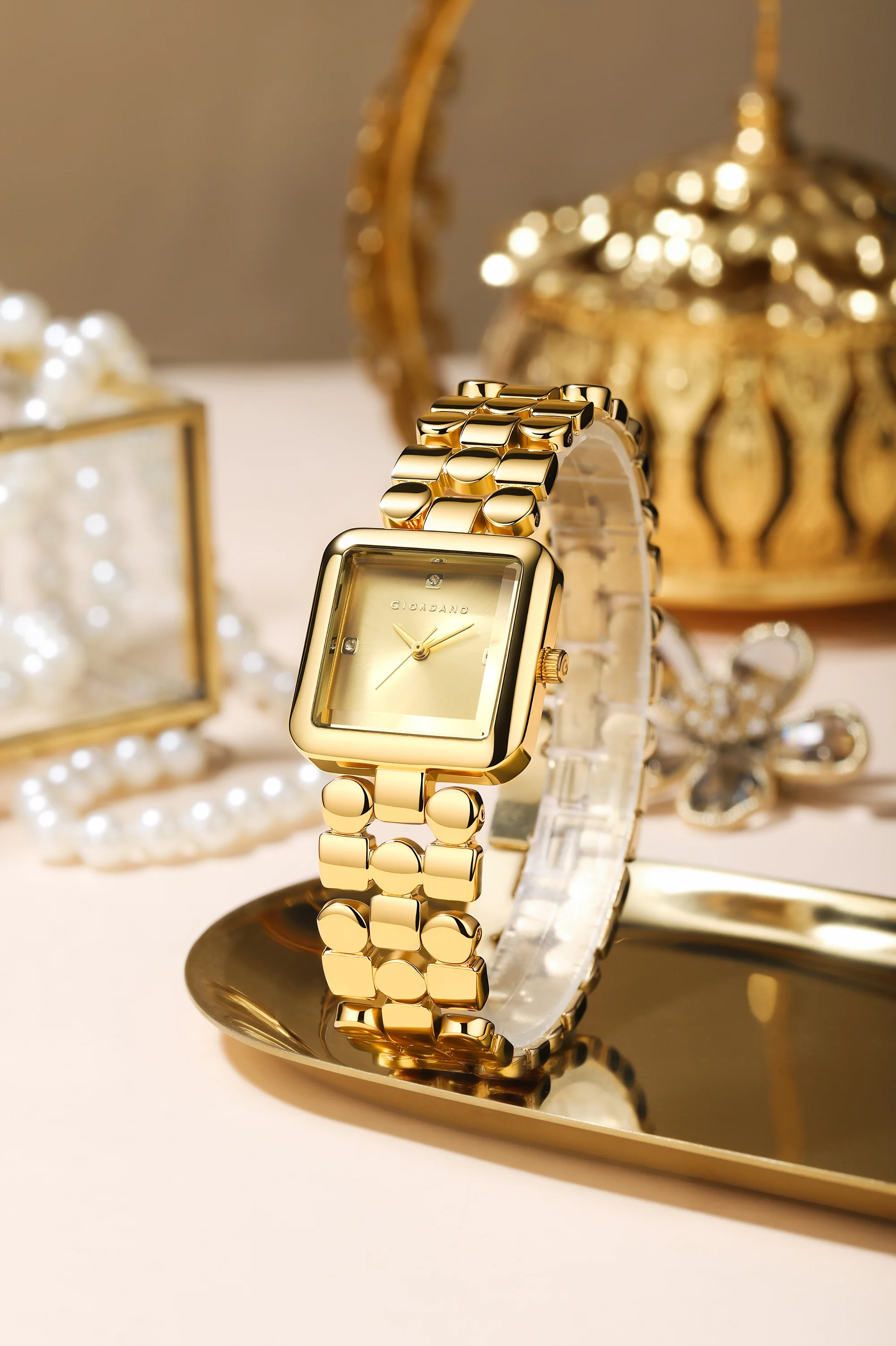 Giordano Square Analog Watch for Women with Gloss Glass Dial, Crystal Markers, Quartz Movement & Stainless Steel Strap - GZ-60134-22 - Image 3