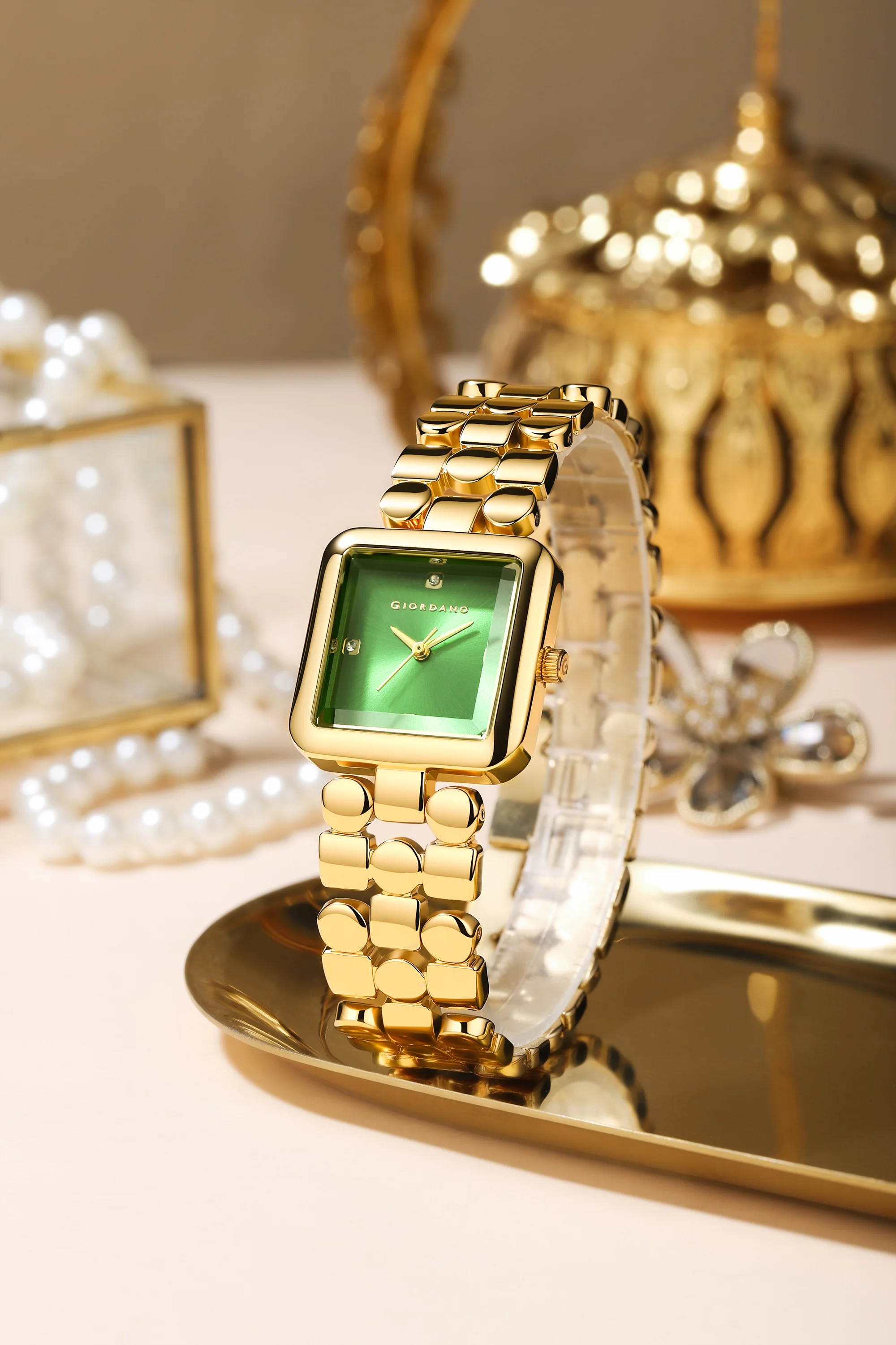 Giordano Square Analog Watch for Women with Gloss Glass Dial, Crystal Markers, Quartz Movement & Stainless Steel Strap - GZ-60134-33 - Image 3