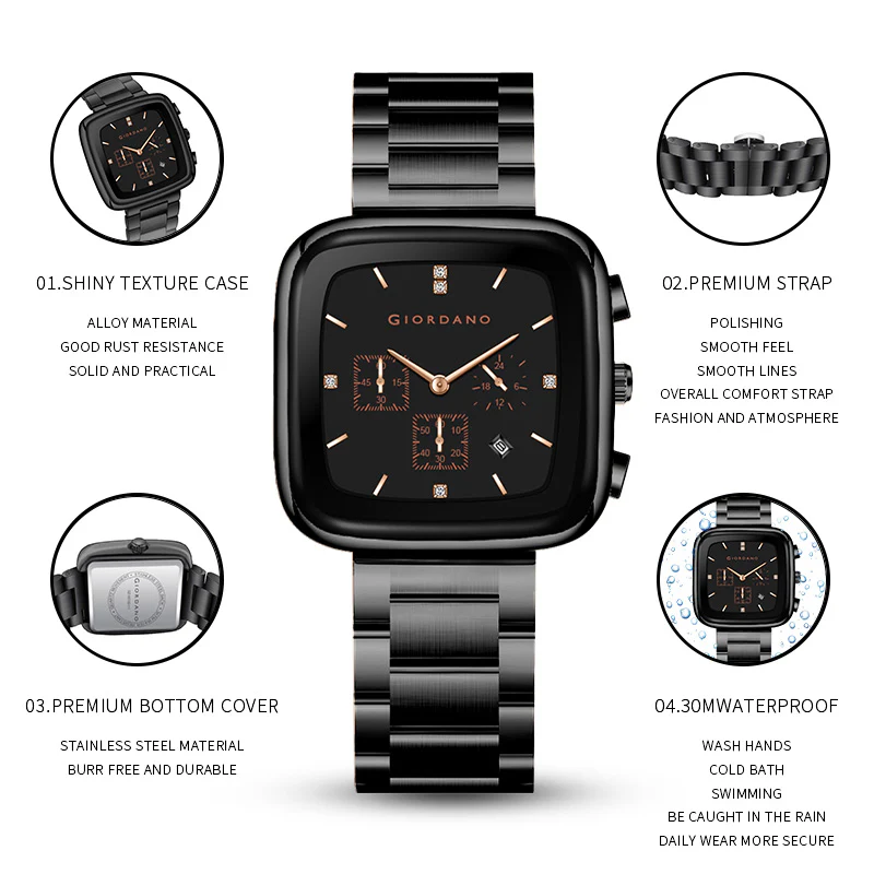 Giordano Square Face Watch for Men – Multifunction Dial with Date Display, Sleek Stainless Steel Strap, Modern Design for Everyday Elegance | GZ-50162-11 - Image 4