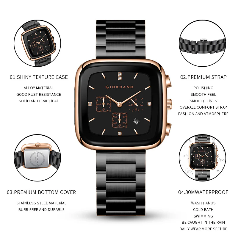 Giordano Square Face Watch for Men – Multifunction Dial with Date Display, Sleek Stainless Steel Strap, Modern Design for Everyday Elegance | GZ-50162-22 - Image 4