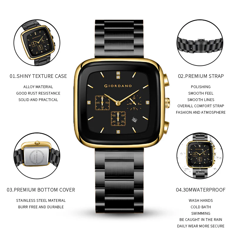 Giordano Square Face Watch for Men – Multifunction Dial with Date Display, Sleek Stainless Steel Strap, Modern Design for Everyday Elegance | GZ-50162-33 - Image 4