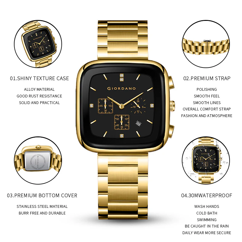 Giordano Square Face Watch for Men – Multifunction Dial with Date Display, Sleek Stainless Steel Strap, Modern Design for Everyday Elegance | GZ-50162-44 - Image 6