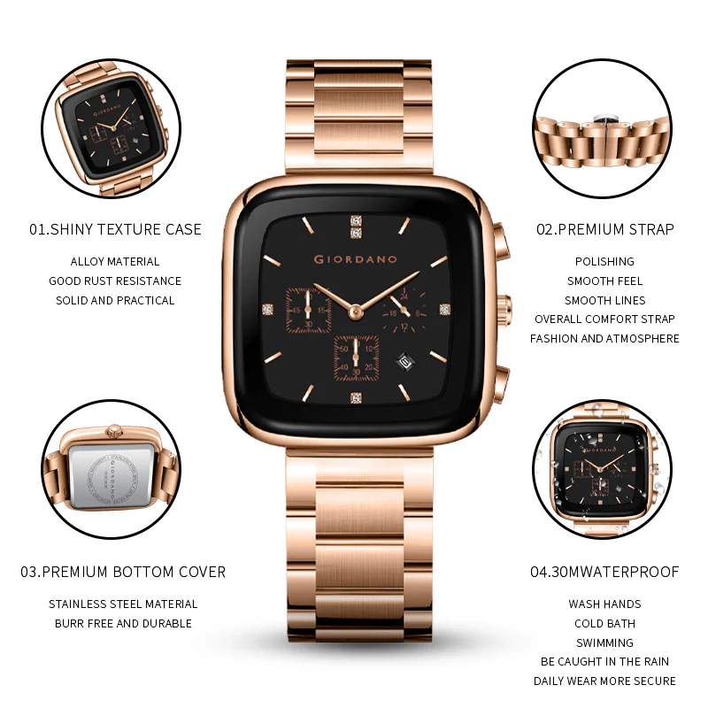Giordano Square Face Watch for Men – Multifunction Dial with Date Display, Sleek Stainless Steel Strap, Modern Design for Everyday Elegance | GZ-50162-55 - Image 4