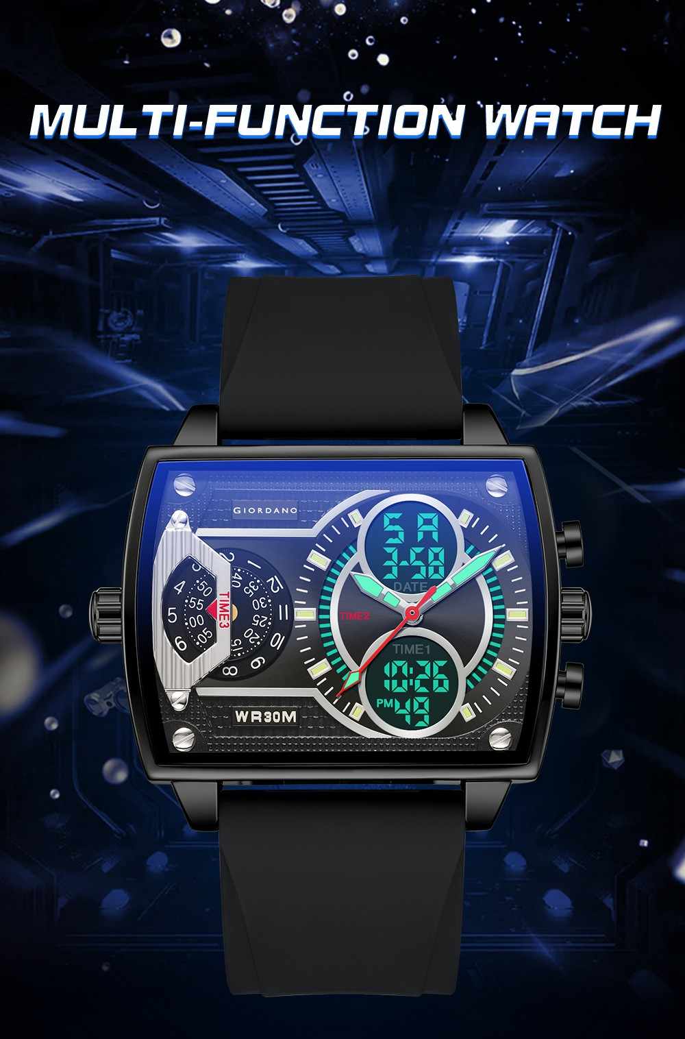 Giordano Square Hybrid Analog-Digital Watch for Men – Triple Time Zone Display with Quartz Precision & Durable Sport Grade Silicone Strap GZ-50161-01 - Image 3