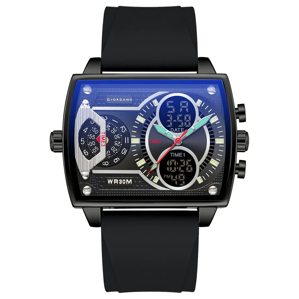 Giordano Square Hybrid Analog-Digital Watch for Men – Triple Time Zone Display with Quartz Precision & Durable Sport Grade Silicone Strap GZ-50161-01 - Image 4