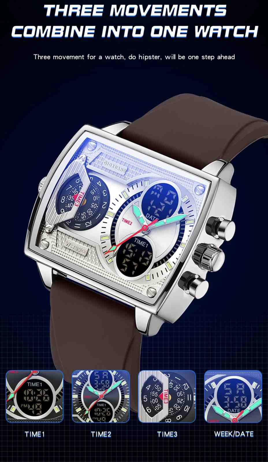 Giordano Square Hybrid Analog-Digital Watch for Men – Triple Time Zone Display with Quartz Precision & Durable Sport Grade Silicone Strap GZ-50161-02 - Image 3