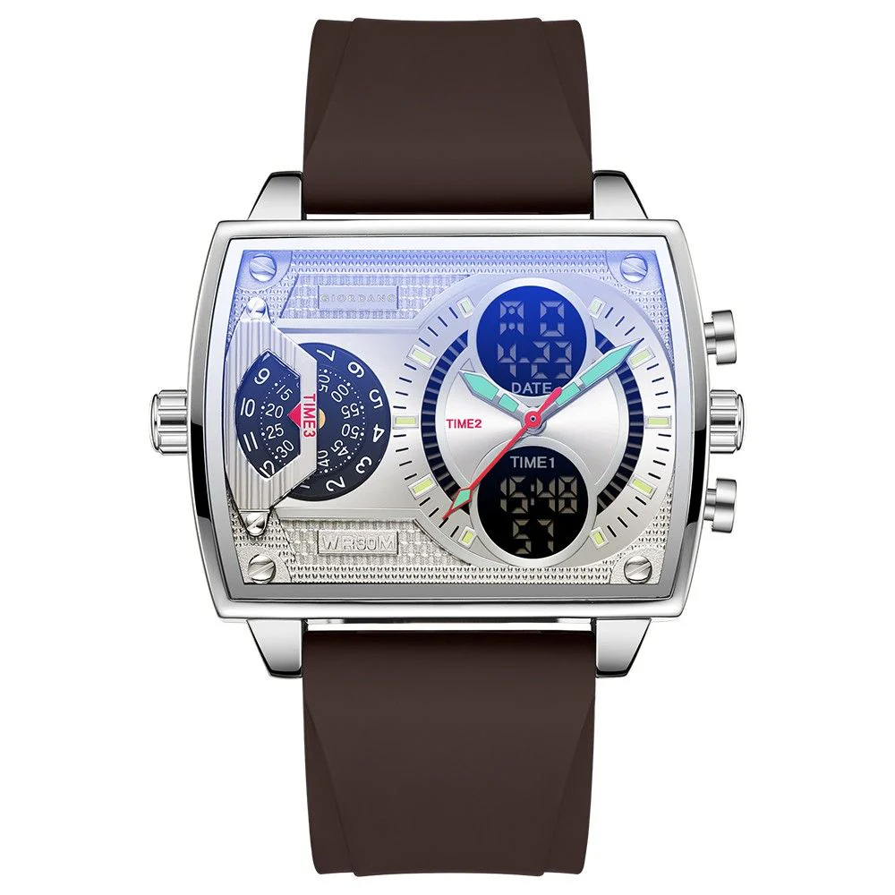Giordano Square Hybrid Analog-Digital Watch for Men – Triple Time Zone Display with Quartz Precision & Durable Sport Grade Silicone Strap GZ-50161-02 - Image 4