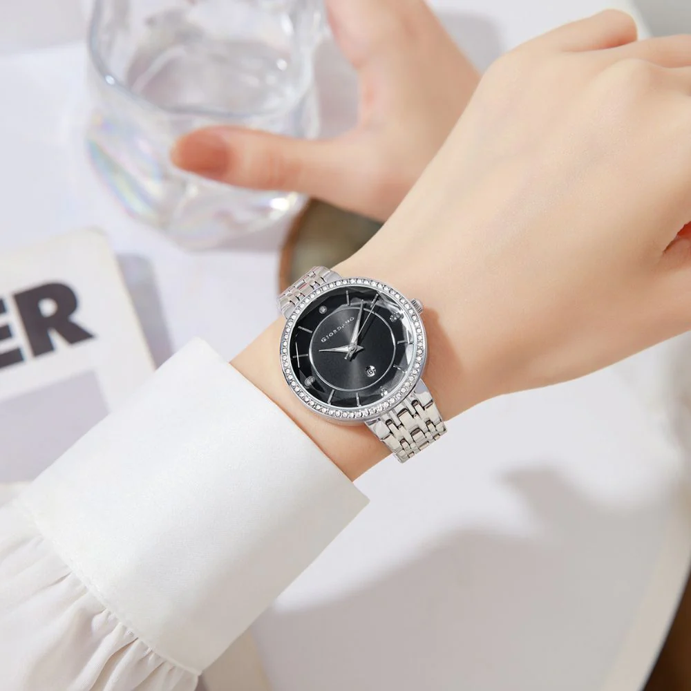 Giordano Stylish Analog Watch for Women – Round cut glass Dial,diamond studed bezel, stainess steel strap and date display | GZ-60110-11 - Image 2