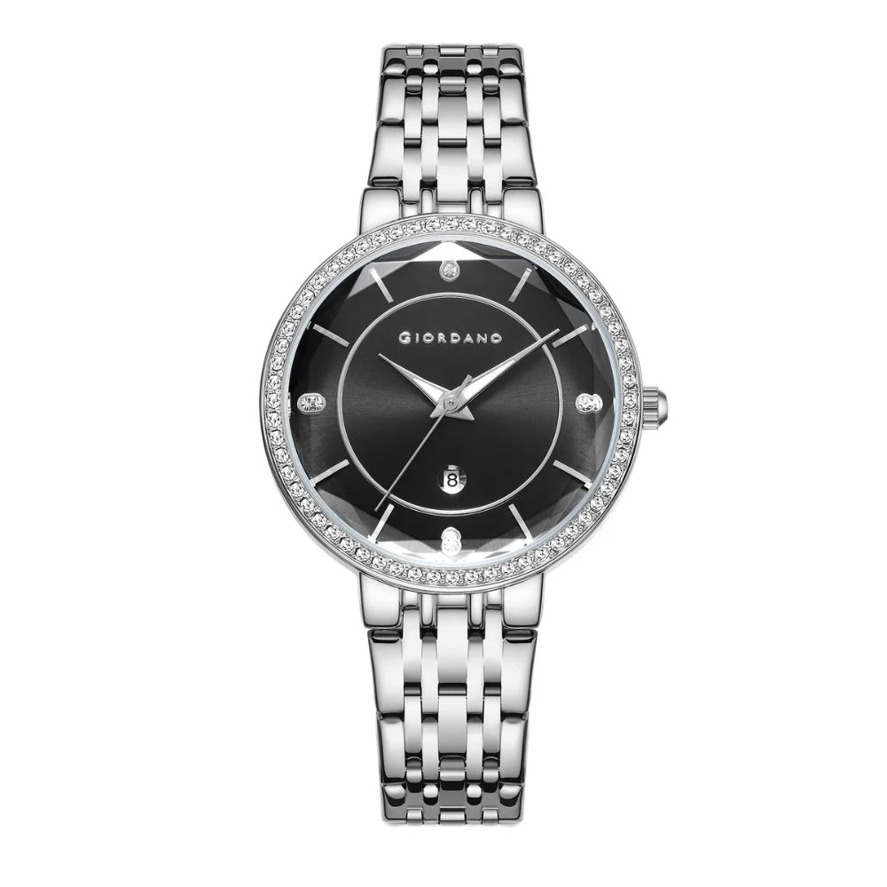 Giordano Stylish Analog Watch for Women – Round cut glass Dial,diamond studed bezel, stainess steel strap and date display | GZ-60110-11 - Image 4