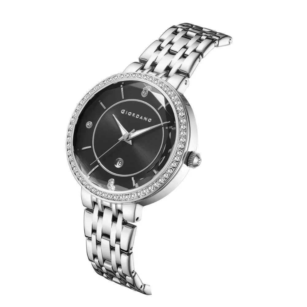 Giordano Stylish Analog Watch for Women – Round cut glass Dial,diamond studed bezel, stainess steel strap and date display | GZ-60110-11 - Image 5