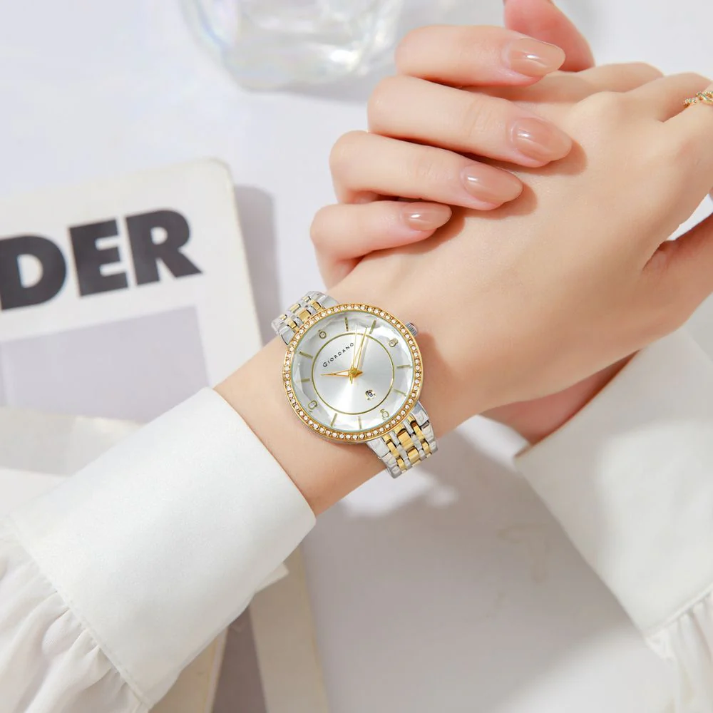 Giordano Stylish Analog Watch for Women – Round cut glass Dial,diamond studed bezel, stainess steel strap and date display | GZ-60110-22 - Image 2