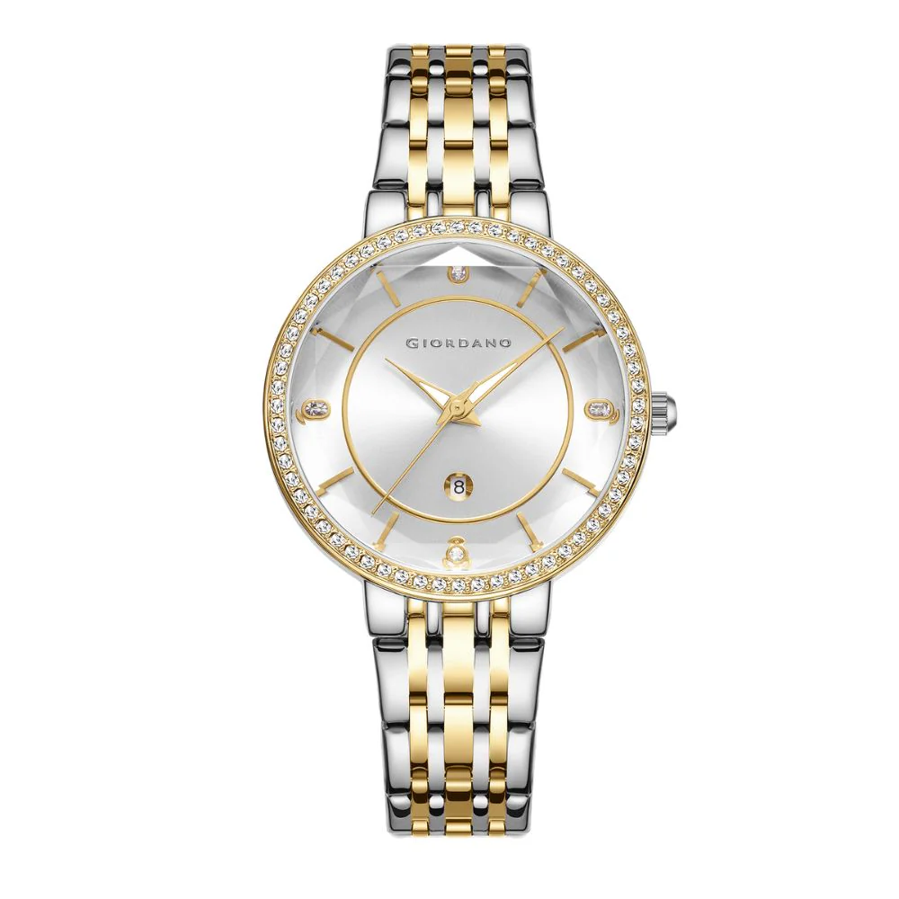 Giordano Stylish Analog Watch for Women – Round cut glass Dial,diamond studed bezel, stainess steel strap and date display | GZ-60110-22 - Image 4