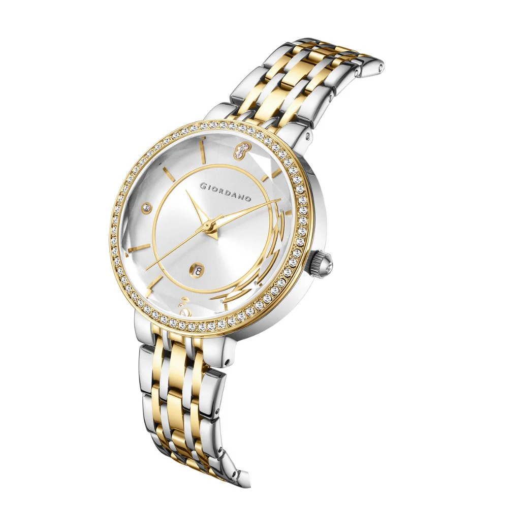 Giordano Stylish Analog Watch for Women – Round cut glass Dial,diamond studed bezel, stainess steel strap and date display | GZ-60110-22 - Image 5