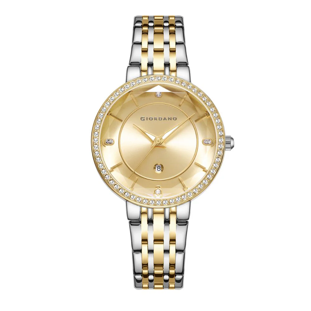 Giordano Stylish Analog Watch for Women – Round cut glass Dial,diamond studed bezel, stainess steel strap and date display | GZ-60110-33 - Image 4