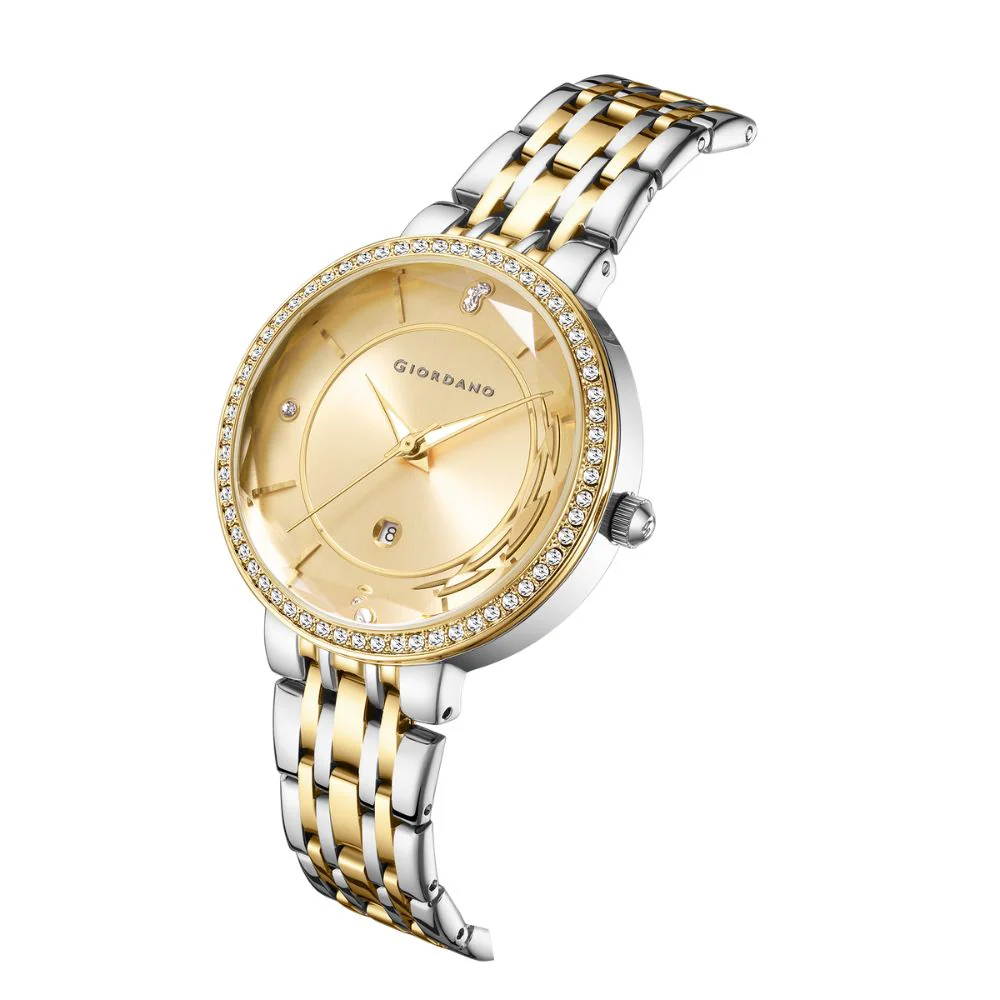 Giordano Stylish Analog Watch for Women – Round cut glass Dial,diamond studed bezel, stainess steel strap and date display | GZ-60110-33 - Image 5