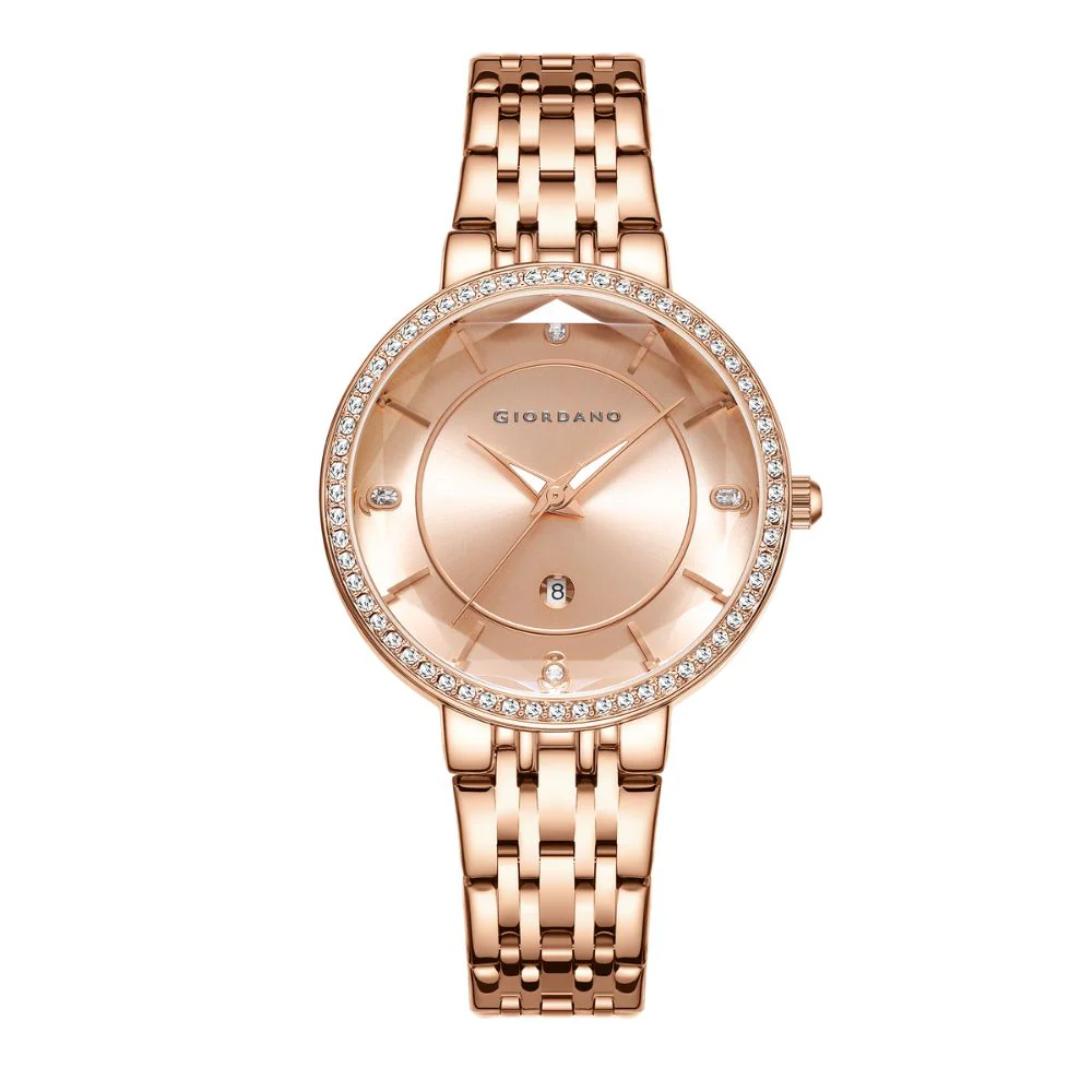 Giordano Stylish Analog Watch for Women – Round cut glass Dial,diamond studed bezel, stainess steel strap and date display | GZ-60110-44 - Image 4