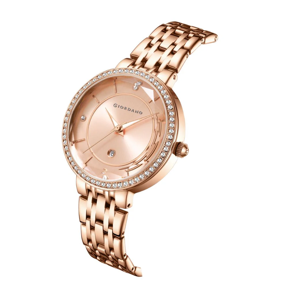 Giordano Stylish Analog Watch for Women – Round cut glass Dial,diamond studed bezel, stainess steel strap and date display | GZ-60110-44 - Image 5