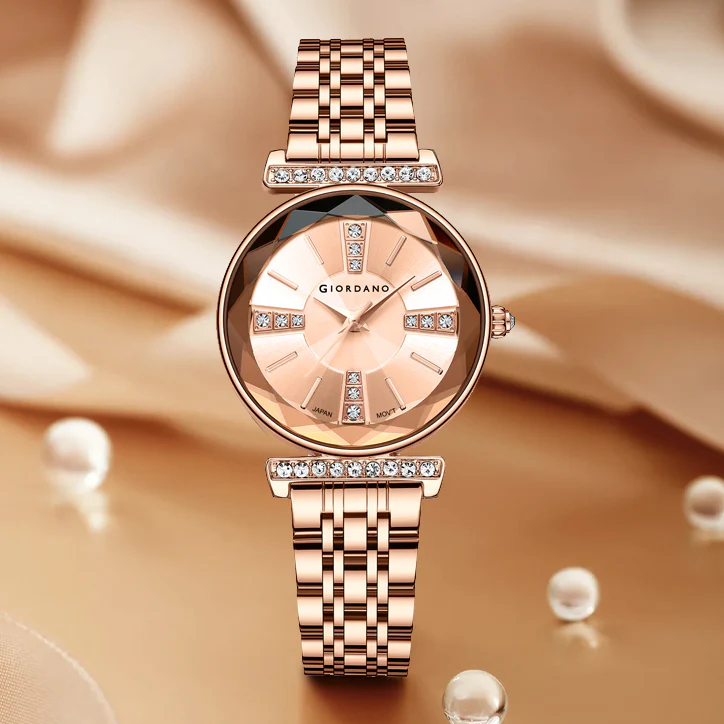 Giordano Stylish Diamond Studded Analog Wrist Watch for Women with Elegant Diamond Cut Glass and Glass Coated Stainless Steel Strap | GZ-60084-33 - Image 3