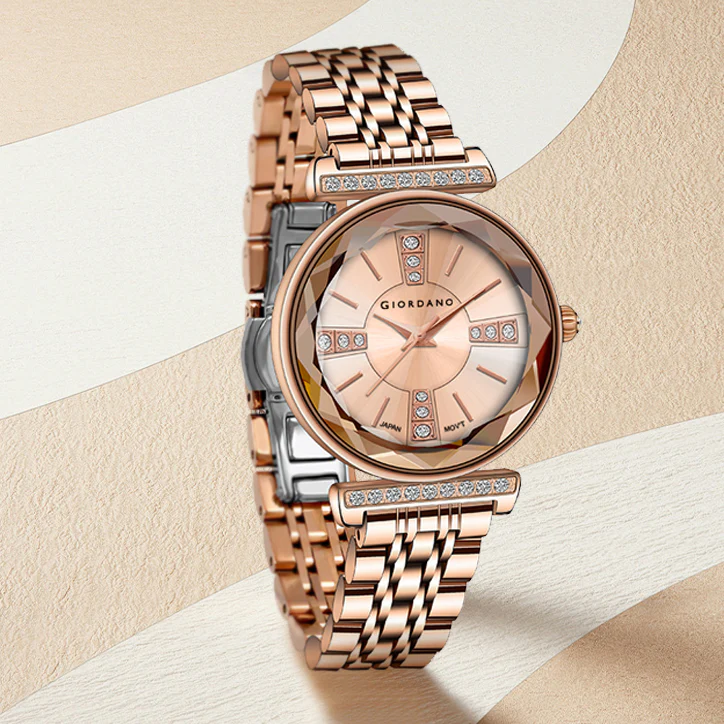 Giordano Stylish Diamond Studded Analog Wrist Watch for Women with Elegant Diamond Cut Glass and Glass Coated Stainless Steel Strap | GZ-60084-33 - Image 4
