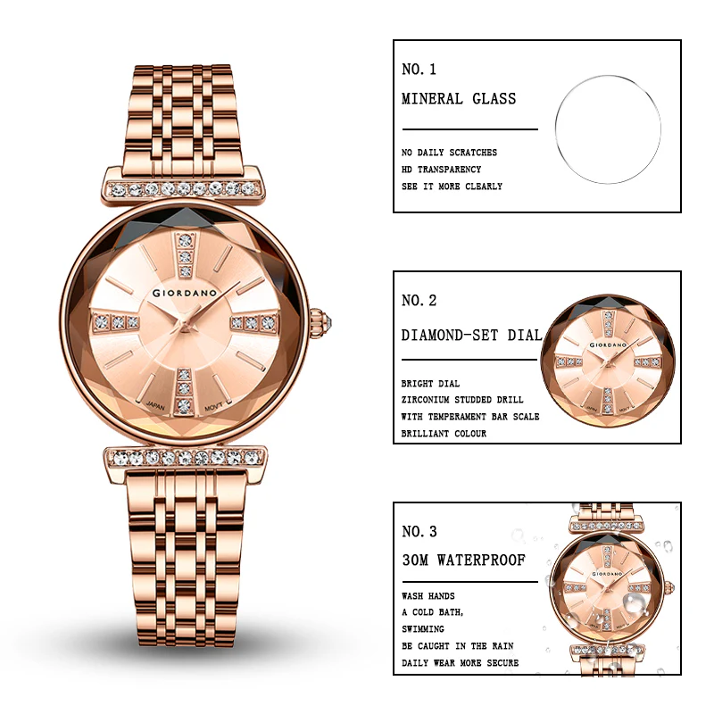 Giordano Stylish Diamond Studded Analog Wrist Watch for Women with Elegant Diamond Cut Glass and Glass Coated Stainless Steel Strap | GZ-60084-33 - Image 7