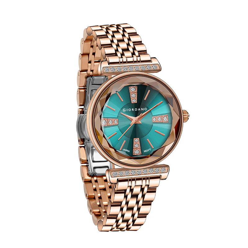 Giordano Stylish Diamond Studded Analog Wrist Watch for Women with Elegant Diamond Cut Glass and Stainless Steel Strap | GZ-60084-22 - Image 3