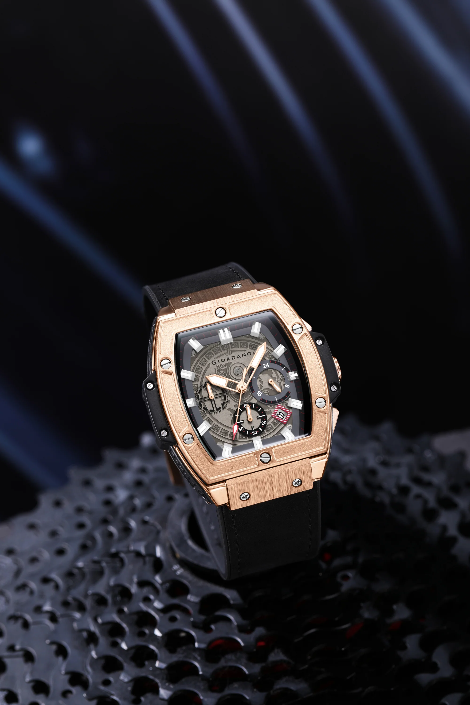 Giordano Terminator Men's Rose Gold Leather Multifunction Watch - with Day, Date, and 24-Hour Sub-Dials | Water Resistant Square Dial Unique Design Wrist Watch for Man | GZ-50098-02 - Image 10