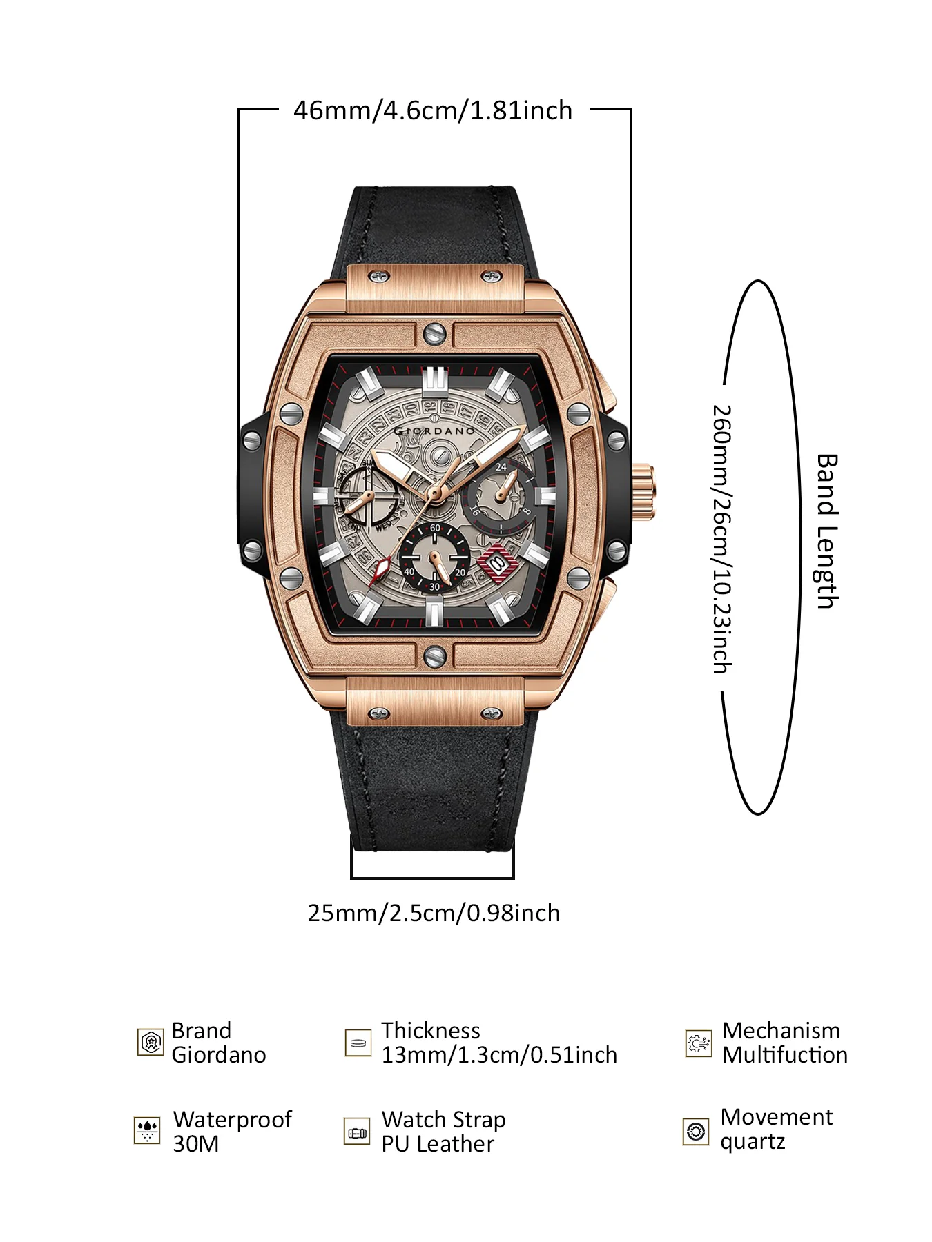 Giordano Terminator Men's Rose Gold Leather Multifunction Watch - with Day, Date, and 24-Hour Sub-Dials | Water Resistant Square Dial Unique Design Wrist Watch for Man | GZ-50098-02 - Image 11