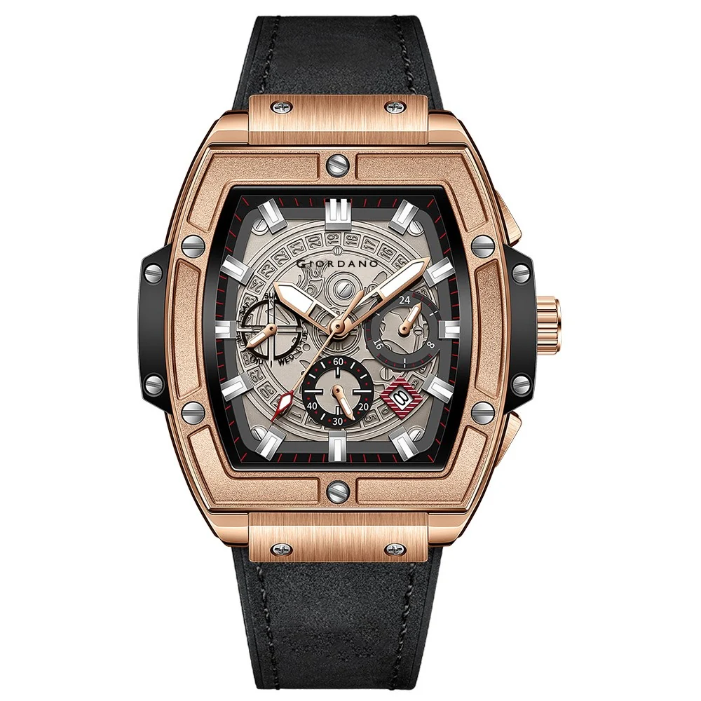Giordano Terminator Men's Rose Gold Leather Multifunction Watch - with Day, Date, and 24-Hour Sub-Dials | Water Resistant Square Dial Unique Design Wrist Watch for Man | GZ-50098-02 - Image 12