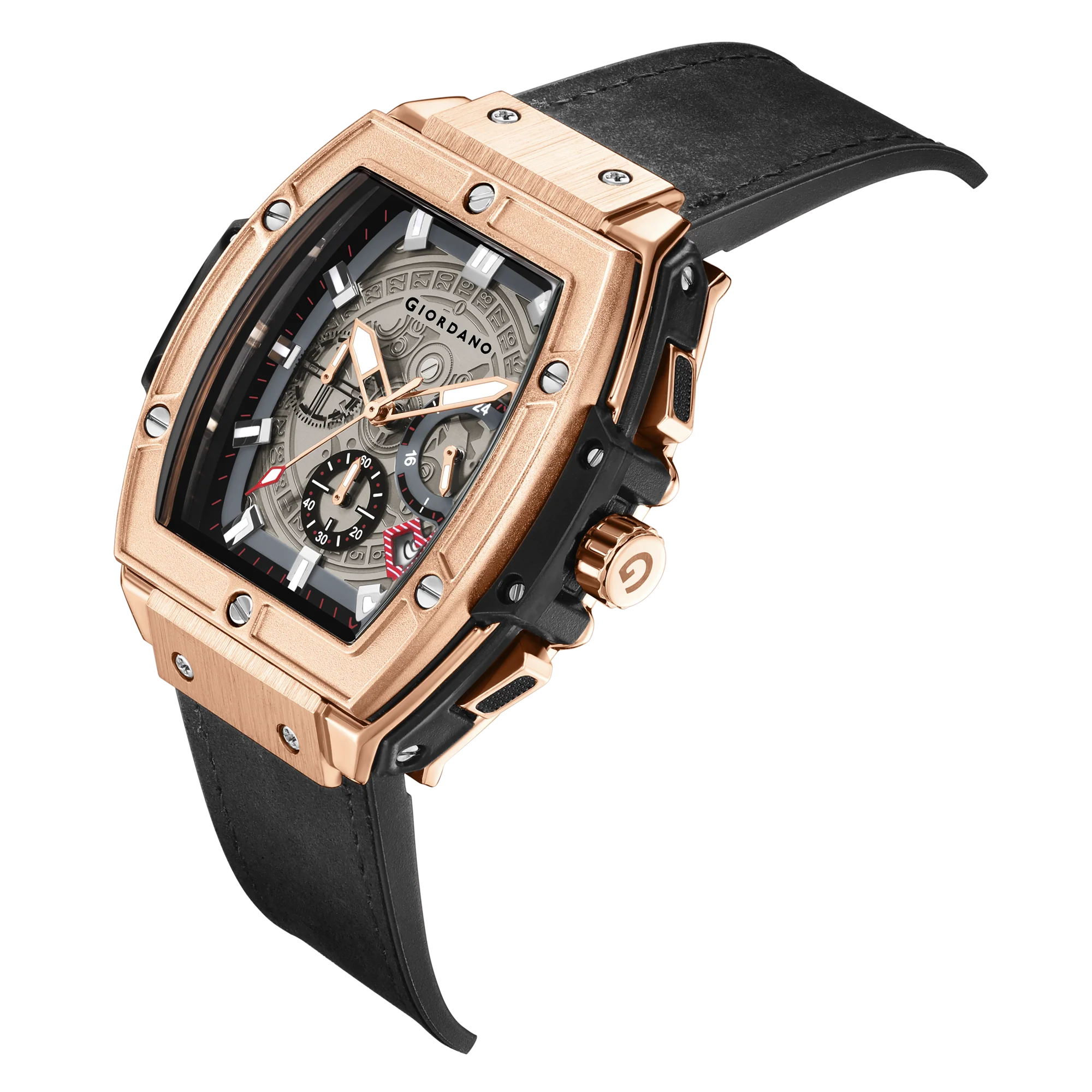 Giordano Terminator Men's Rose Gold Leather Multifunction Watch - with Day, Date, and 24-Hour Sub-Dials | Water Resistant Square Dial Unique Design Wrist Watch for Man | GZ-50098-02 - Image 13